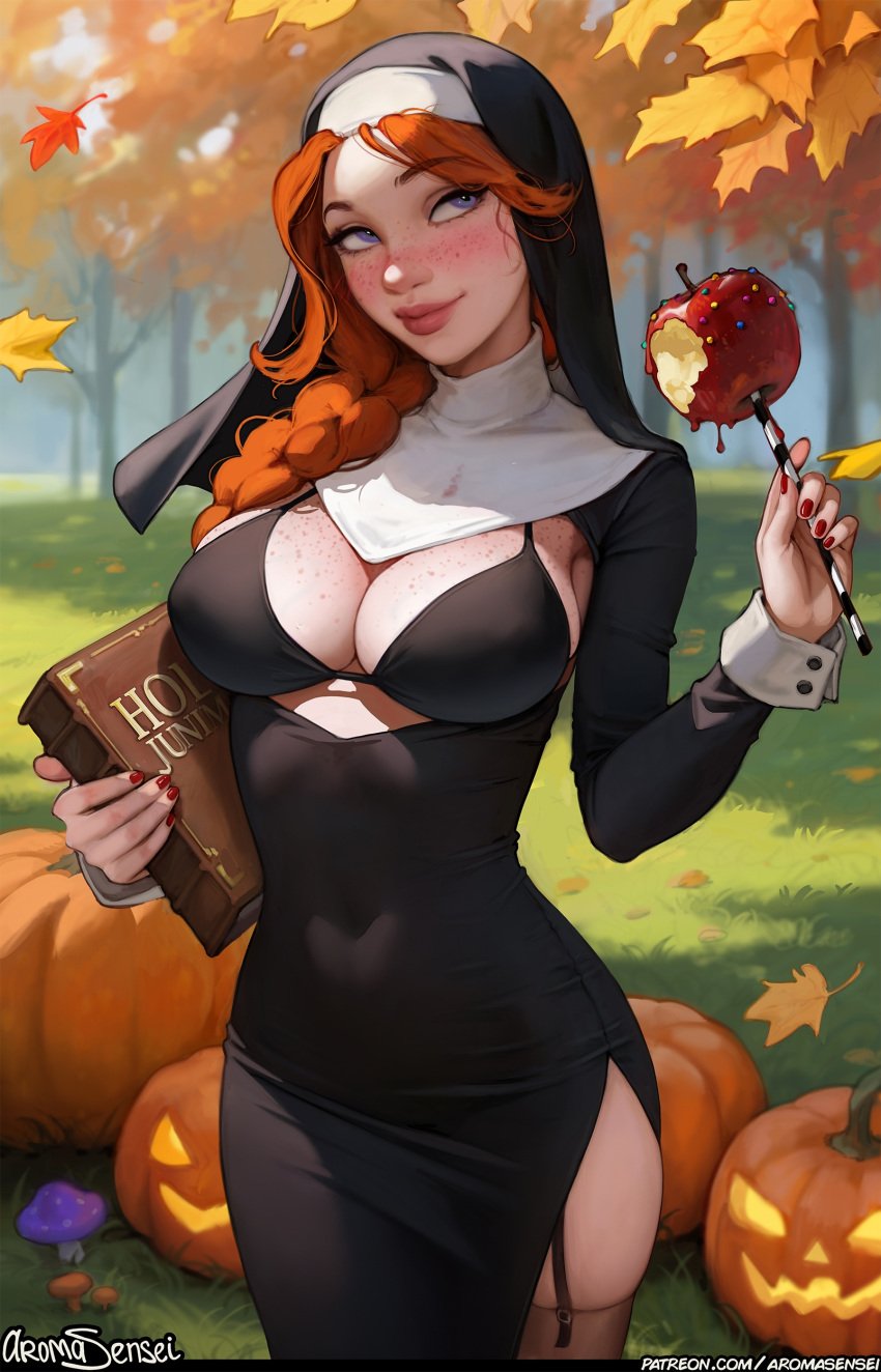 1girls apple aroma_sensei autumn big_ass big_breasts bra breasts caramel_apple female female_only freckles halloween halloween_costume jack-o'-lantern leah_(stardew_valley) nail_polish nun nun_outfit open_clothes pumpkin purple_eyes red_hair red_nails socks stardew_valley tagme thick_thighs