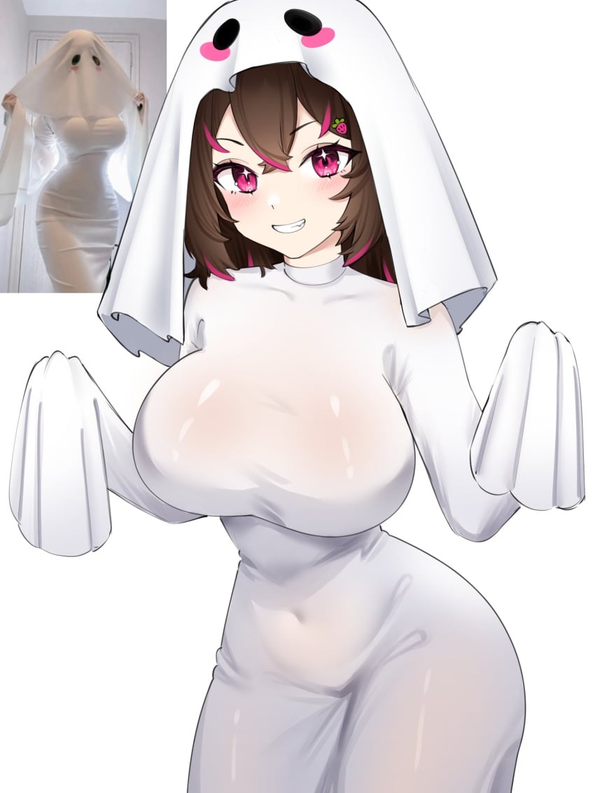 1girls big_breasts blush breasts brown_hair cleavage clothed clothing ear eyebrows eyelashes eyes female female_only hair long_hair rainenleaf solo solo_focus stomach strip_game text thighs white_background