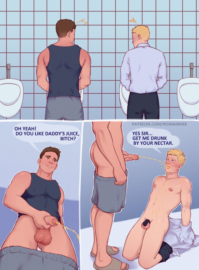 2boy blonde_hair brown_hair chastity_cage chastity_device domination english_text erect_nipples erect_penis erection gay gay_domination humiliation male male/male male_only muscular muscular_male original peeing peeing_in_mouth penis precum pubic_hair romainxxx saying_pussy slave submission submissive_male text toilet watersports yaoi