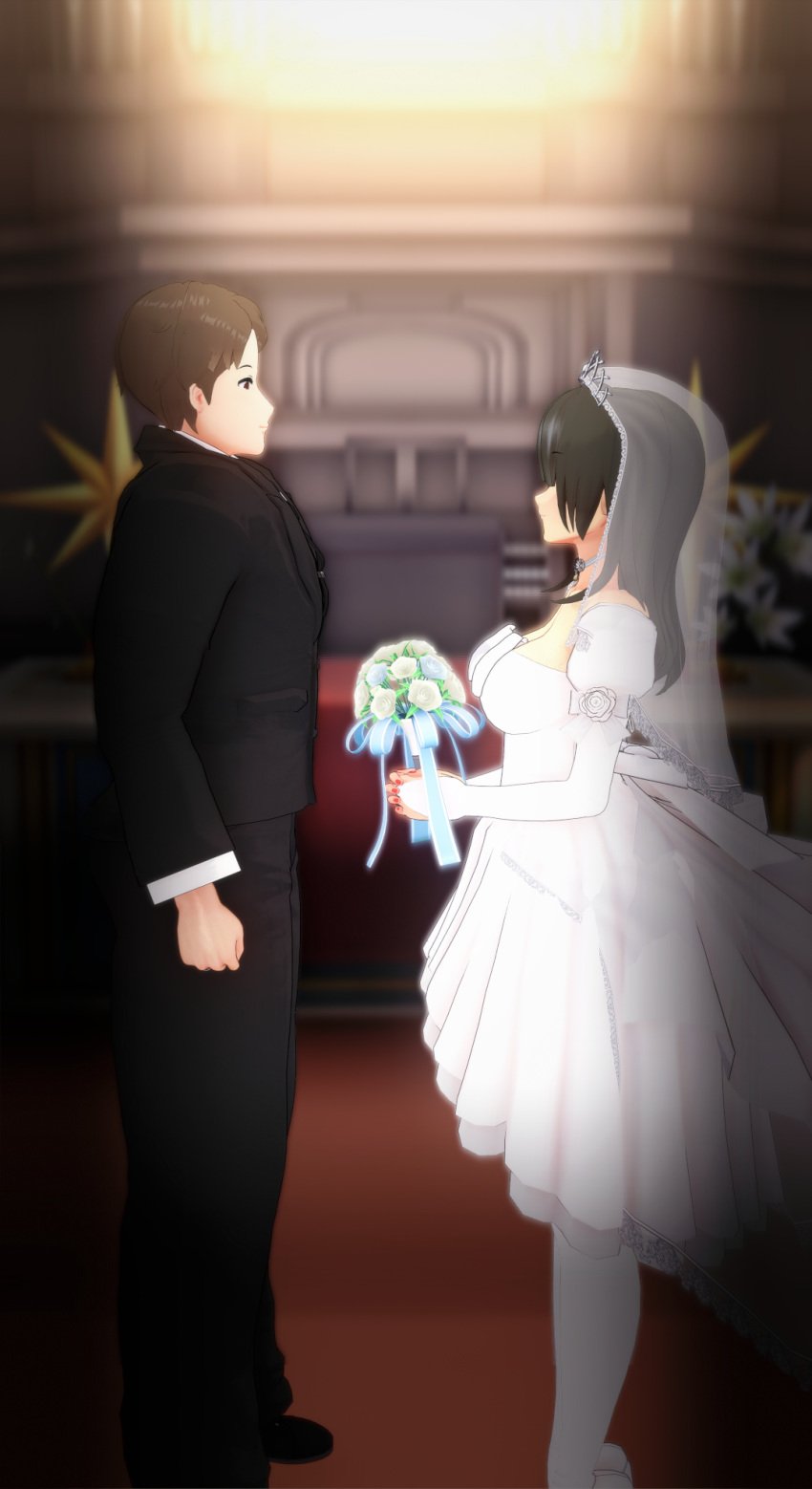 1boy1girl 3d ame-chan bride bride_gown bride_veil dress flowers hair_down high_heels koikatsu needy_girl_overdose needy_streamer_overload spidey-dude suit tachumi wedding_dress wedding_veil wholesome