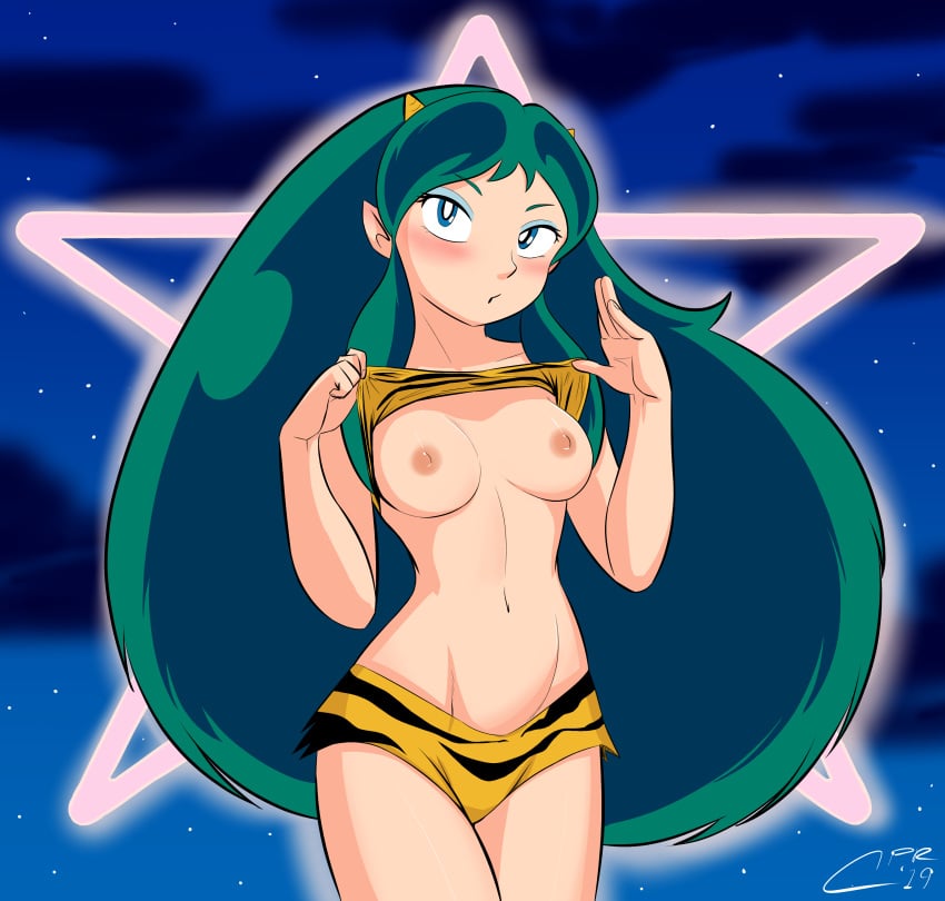 1girls 2019 blue_eyes blush breasts cabronpr exposed_breasts female flashing green_hair groin horns humanoid large_breasts light-skinned_female light_skin long_hair looking_at_viewer lum medium_breasts nipples oni oni_horns pointy_ears princess solo tagme tiger_print urusei_yatsura