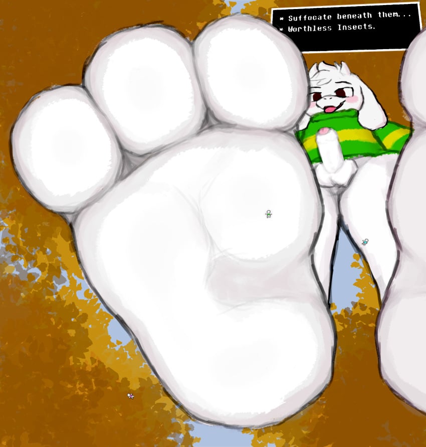 3_toes absurd_res ahedeg anthro asriel_dreemurr balls bottomless clothed clothing dialogue dialogue_box extreme_size_difference feet foot_fetish foot_focus foot_play foreskin genitals group hi_res low-angle_view macro male male/male micro nano_(size) penis size_difference soles toes trio undertale undertale_(series)