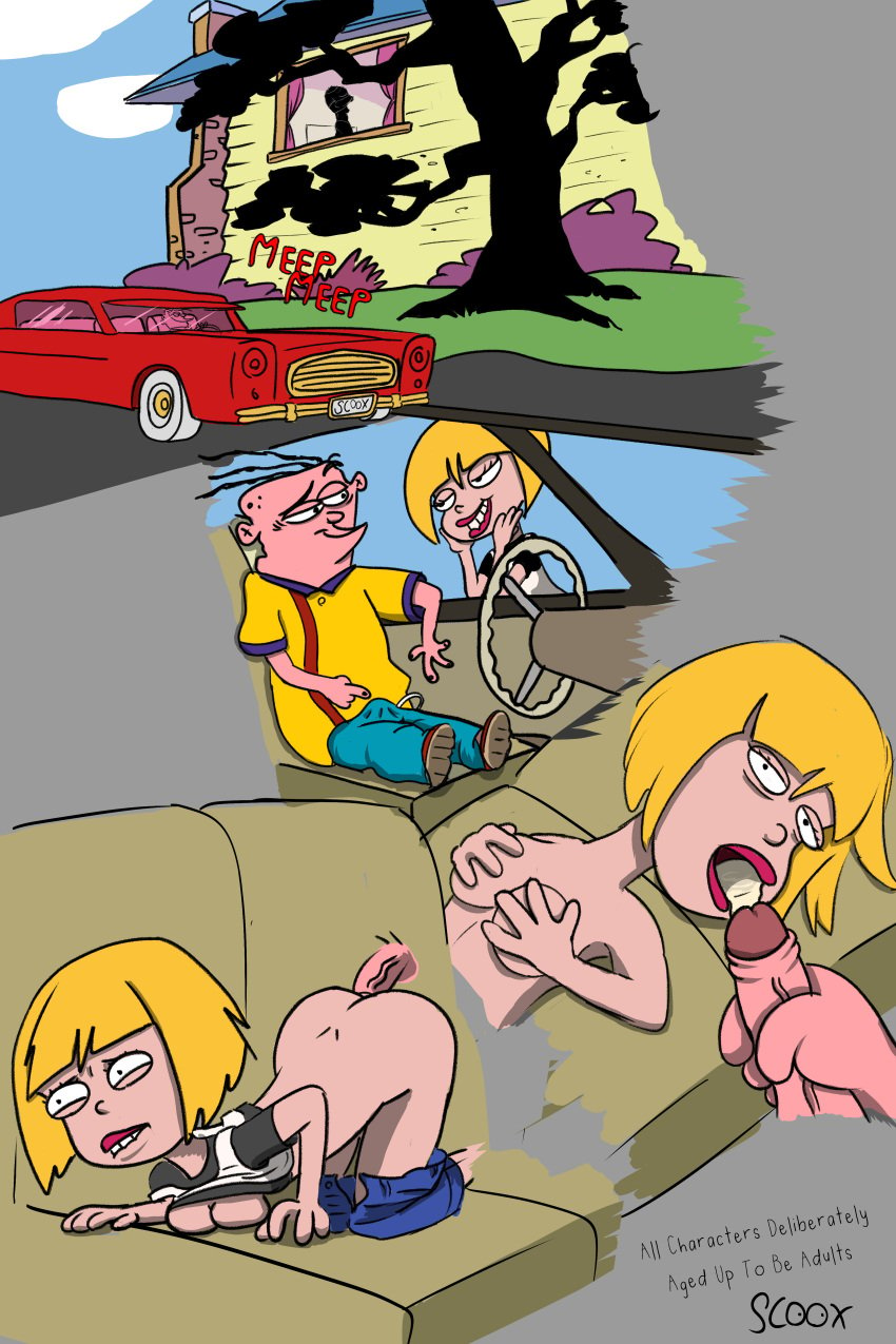 aged_up blonde_hair car car_sex cartoon_network cum cum_in_mouth ed_edd_n_eddy eddy_(ed_edd_n_eddy) grabbing_own_breast house impressed nazz_van_bartonschmeer scoox sex_in_car steering_wheel