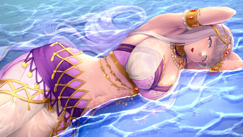 arabian_clothes armpits belly_dancer belly_dancer_outfit bellydancer_outfit big_breasts clothed d4dj gold_jewelry izumo_saki jewelry laying_on_side revealing revealing_clothes revealing_clothing revealing_outfit water wet yuuki1103