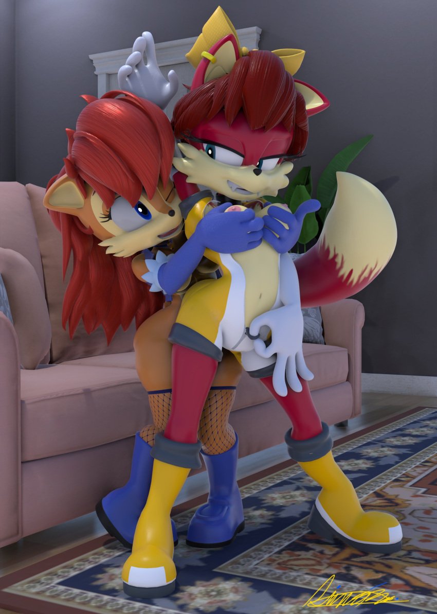 absurd_res archie_comics ass blue_eyes breasts canid canine clothing digital_media_(artwork) female female/female fiona_fox fox hair hi_res mammal rotalice2 sally_acorn sega shikiman sonic_the_hedgehog_(archie) sonic_the_hedgehog_(comics) sonic_the_hedgehog_(series)