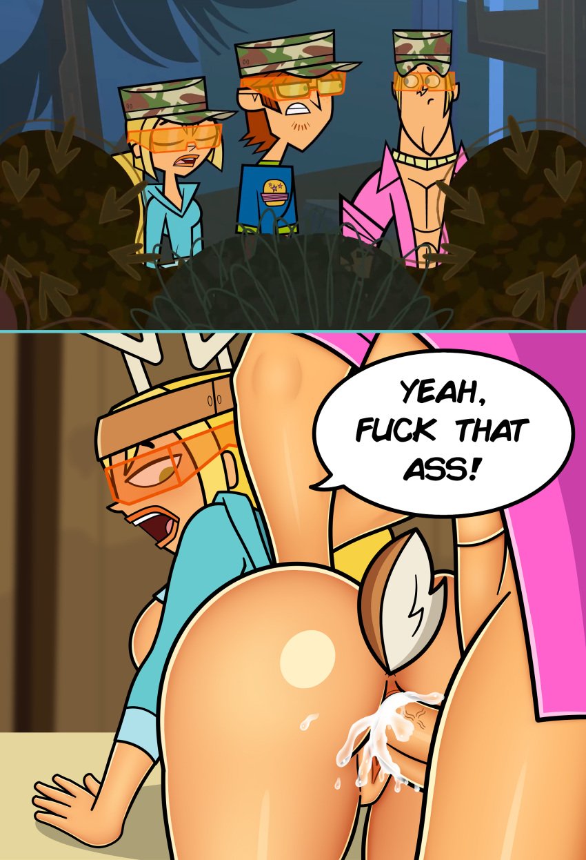 2koma anal anal_sex ass bankaipacay blonde_female blonde_hair bottomless bottomless_female bottomless_male bridgette_(tdi) cum cum_in_ass deer_tail dialogue doggy_style doggy_style_position edit female from_behind from_behind_position geoff_(tdi) green_eyes harold_(tdi) human male male/female male_penetrating male_penetrating_female orange_goggles speech_bubble text third-party_edit total_drama_island