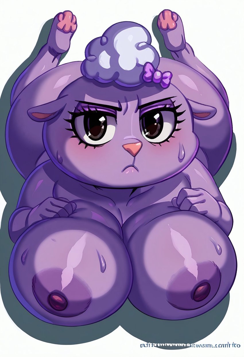 1girls ai_generated anthro areola areolae big_areola big_ass big_breasts black_eyes bored bovid bow_(feature) bow_accessory breasts buckteeth caprine digital_media_(artwork) eyelashes female fur happy_tree_friends hi_res huge_ass lammy_(htf) lying_on_stomach mammal nipples nude pac-man_eyes prone prone_bone purple_body purple_nipples sheep simple_background sweat teeth unamused white_hair white_wool wool_(fur)