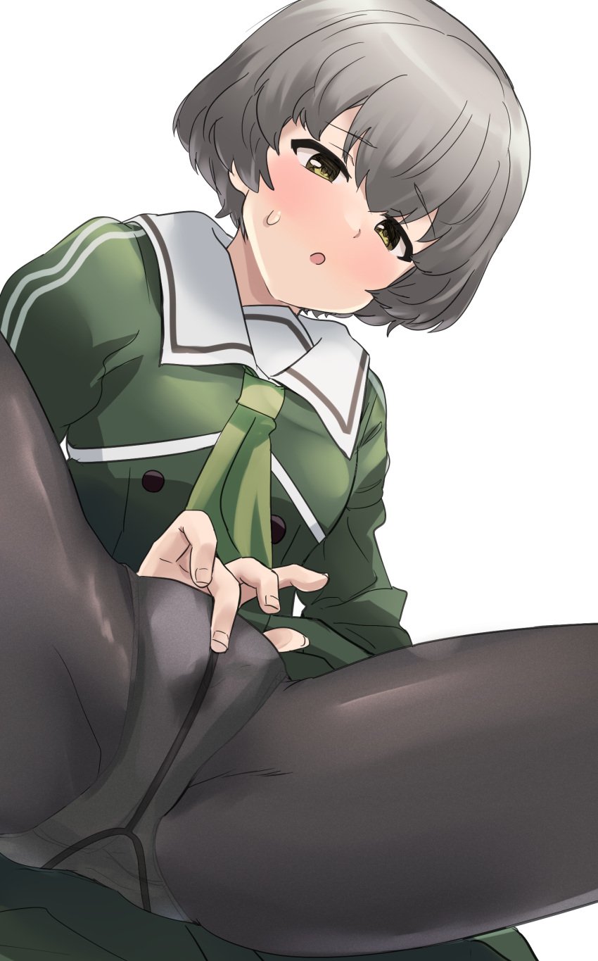 absurdres blush brown_eyes cameltoe clothed_masturbation commentary_request female fingering fingering_through_clothes furrowed_brow green_neckerchief grey_hair grey_pantyhose heijou_institute_school_uniform highres iwakura_sanae long_sleeves mashitono_desu masturbation neckerchief open_mouth panties panties_under_pantyhose pantyhose sailor_collar school_uniform short_hair solo spread_legs sweatdrop through_clothes toji_no_miko underwear white_background white_sailor_collar