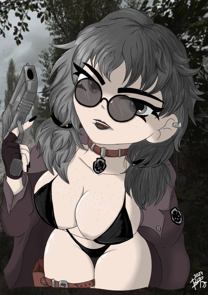 big_breasts glasses gun hornycraftgame huge_breasts micro_bikini russian_text silver_hair silverfish_(minecraft) stalker