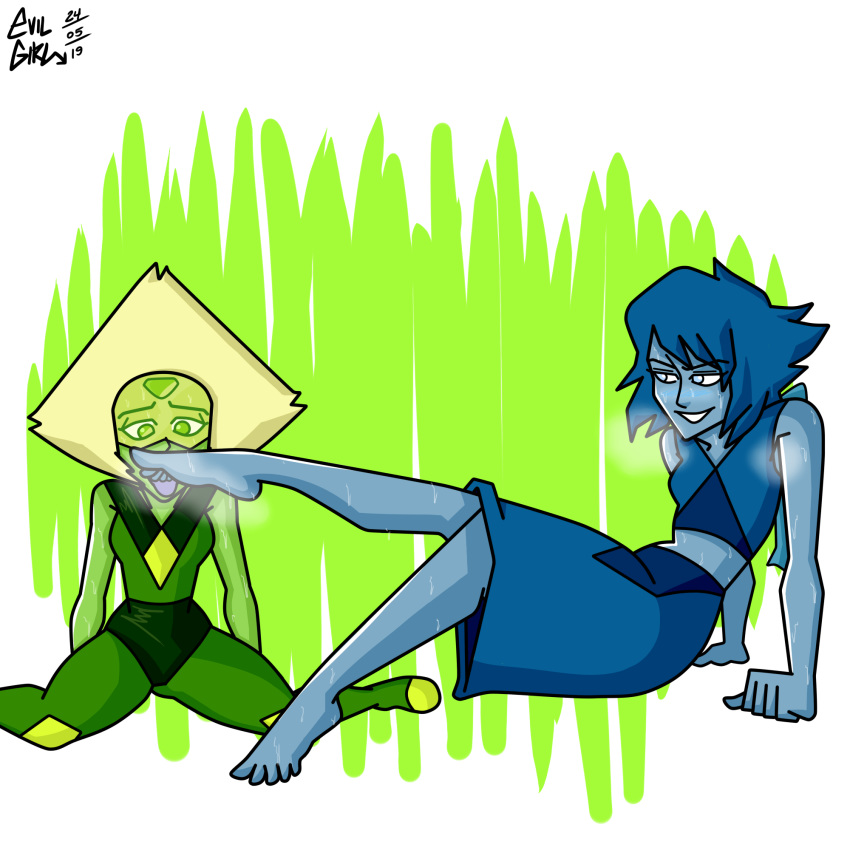 2019 2girls blonde_hair blue_clothes blue_eyes blue_skin blue_skirt blush cartoon_network dress evilgirl feet feet_up female female_only foot_fetish foot_focus foot_lick foot_worship gem_(species) green_background green_eyes green_hair green_skin happy lapis_lazuli_(steven_universe) looking_down multiple_girls open_mouth peridot_(steven_universe) short_hair sitting size_difference skirt smell smelling smelly_feet smile smiling sniff sniffing sniffing_feet steam steven_universe sweat sweating sweaty tongue tongue_out worship yuri