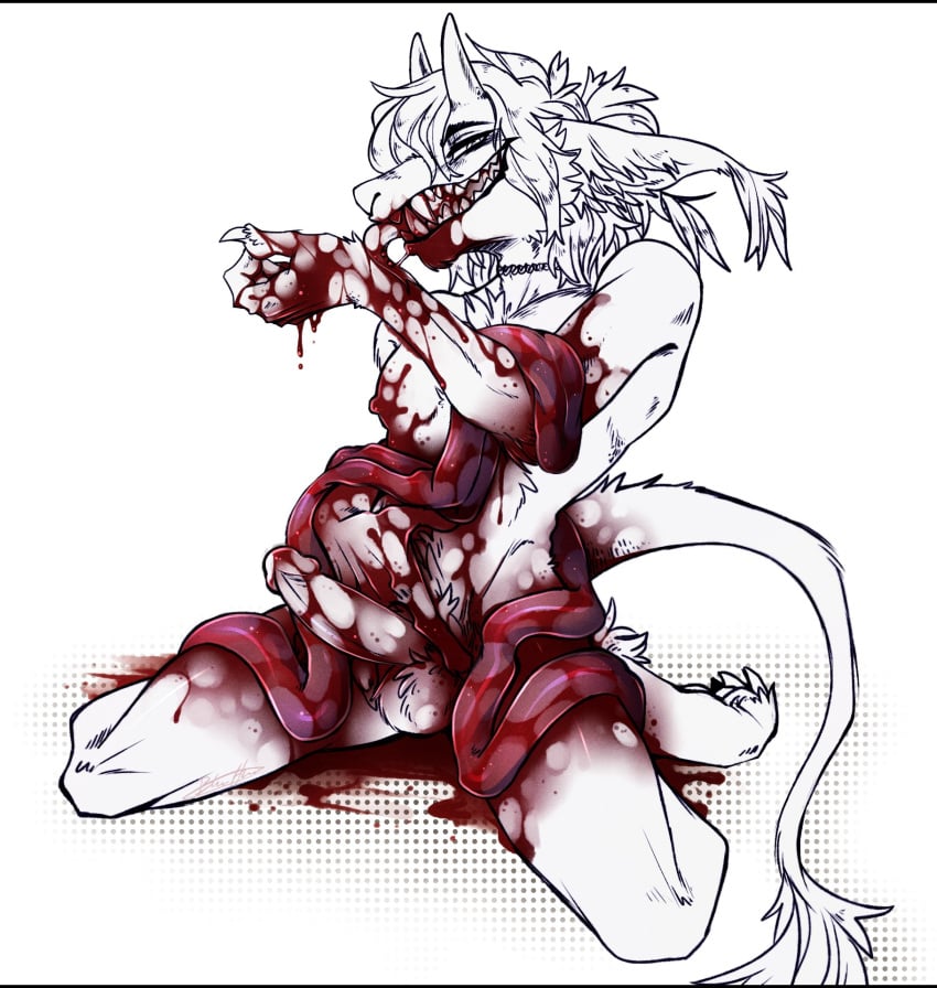 1boy anthro anthro_only blasticheart_(artist) blood boner fluffy fluffy_tail furry furry_male furry_only furry_tail gore guro guts ian_(blasticheart) male_ryona organs penis_out