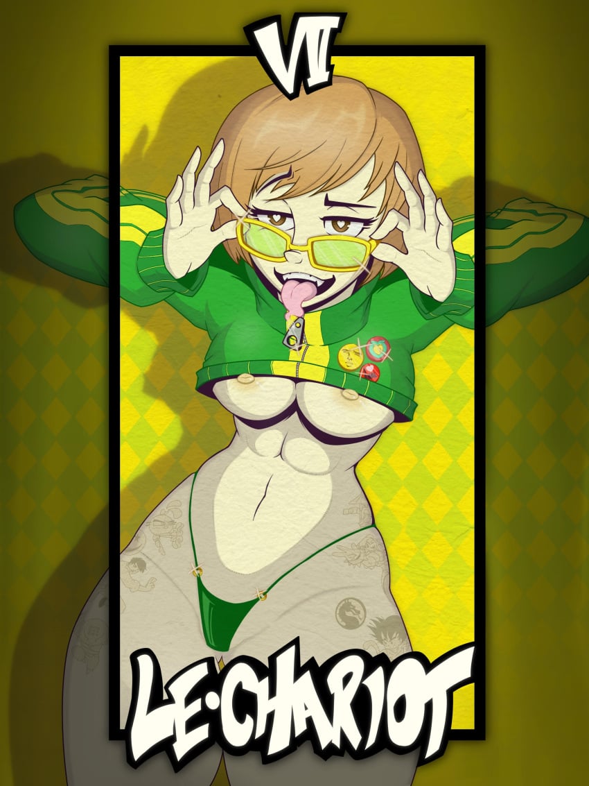 1girls breasts_out brown_eyes brown_hair chie_satonaka glasses midasartistcat midasthecat persona persona_4 solo suggestive suggestive_look sweater tarot tarot_card tattoos