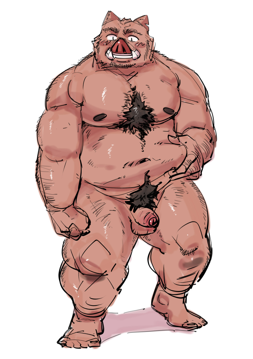 2024 absurd_res anthro balls belly biped blush brown_body genitals hi_res kemono male male_only mammal moobs navel nipples penis pubes simple_background smile solo suid suina sus_(pig) ujishiyo white_background wild_boar