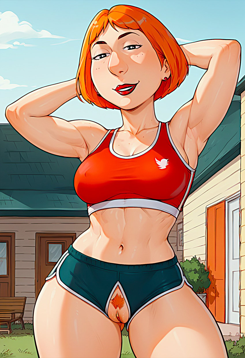 ai_generated crop_top family_guy lois_griffin pubic_hair pussy shorts somesider thick_thighs