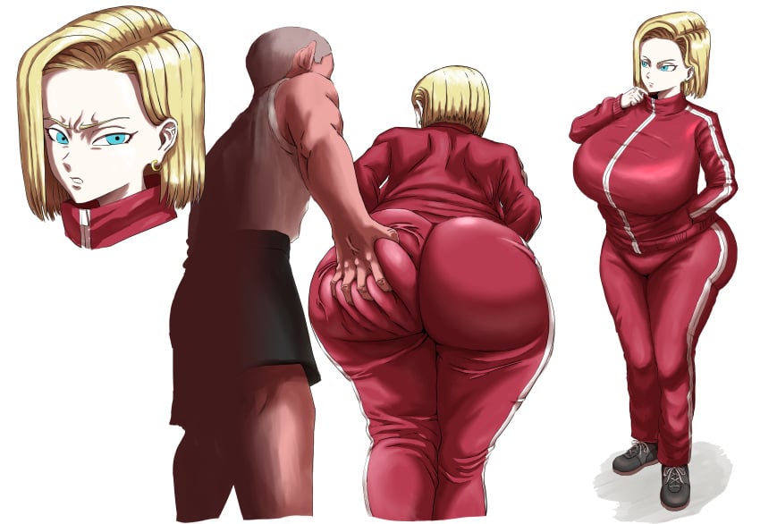 1boy 1girls android android_18 ass_grab big_breasts blonde_hair blue_eyes clothed dragon_ball dragon_ball_super earrings female grey_hair hoop_earrings light-skinned_female light-skinned_male light_skin male matsumaruyama rear_view shoes short_hair sportswear