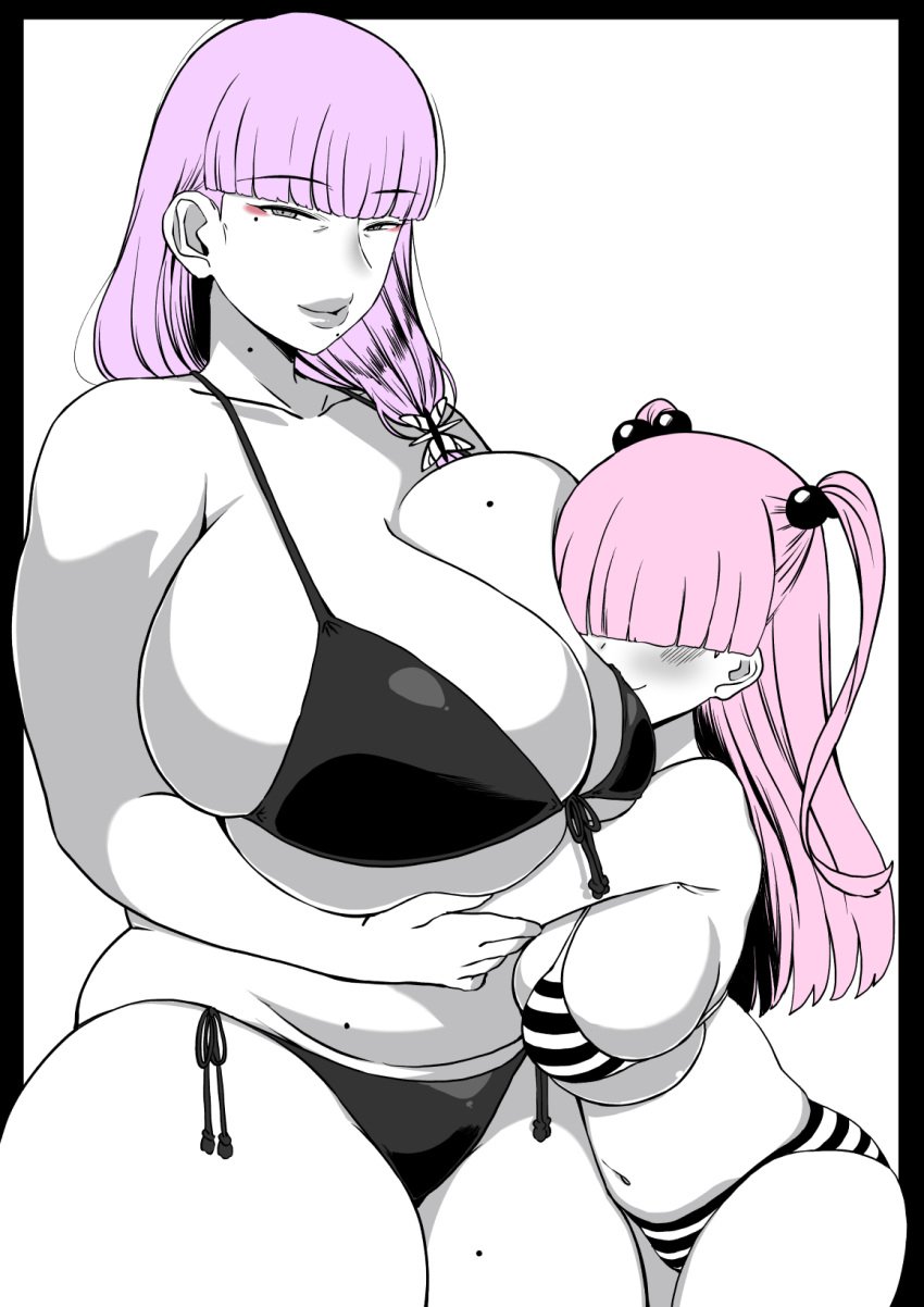 2girls big_breasts bikini female female_only hug huge_breasts komusou_(jinrikisha) large_breasts larger_female miki_somei milf mother mother_and_daughter older_female original pink_hair purple_hair shortstack smaller_female swimsuit teenager younger_female yukimama_(jinrikisha)