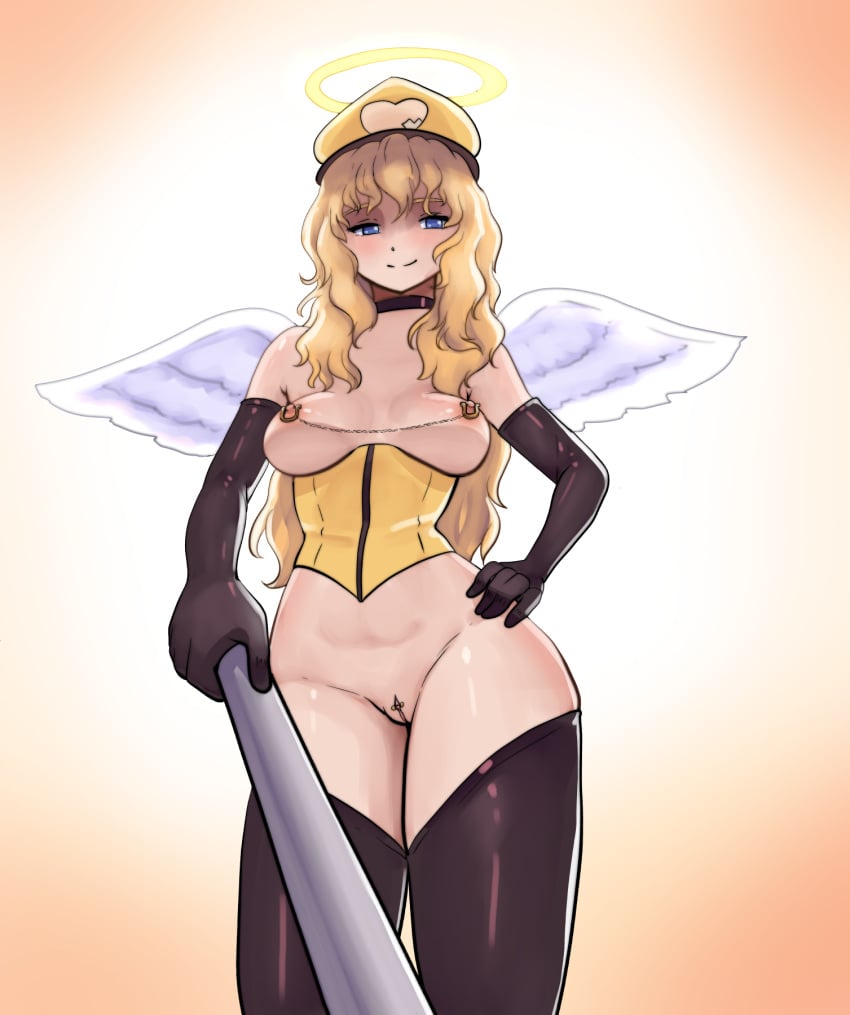 angel_wings blind blonde_hair blue_eyes choker clitoris_piercing corset exposed_breasts exposed_pussy female female_only gloves hairless_pussy halo hat katawa_shoujo lilly_satou nipple_piercing piercing pov req riding_crop satou_lilly stockings thighhighs