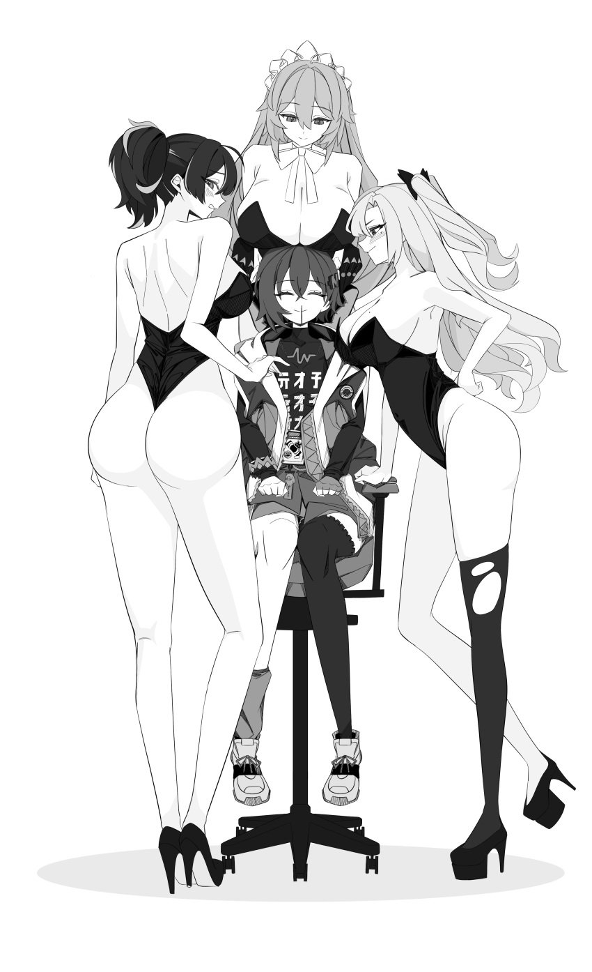 4girls absurdres alexandrina_sebastiane ass bare_arms bare_shoulders belle_(zenless_zone_zero) blood blush breasts cleavage closed_eyes closed_mouth female_only fingerless_gloves from_behind from_side gloves greyscale hair_between_eyes hair_ornament hairclip high_heels highres large_breasts leotard long_hair looking_at_another looking_at_viewer looking_back maid_headdress metal_hairband mole mole_on_breast mole_under_eye monochrome multicolored_hair multiple_girls nicole_demara nosebleed on_chair parted_lips ponytail short_hair sidelocks simple_background single_fingerless_glove single_thighhigh sitting smile standing streaked_hair thighhighs thighs white_background yuri zenless_zone_zero zhu_yuan