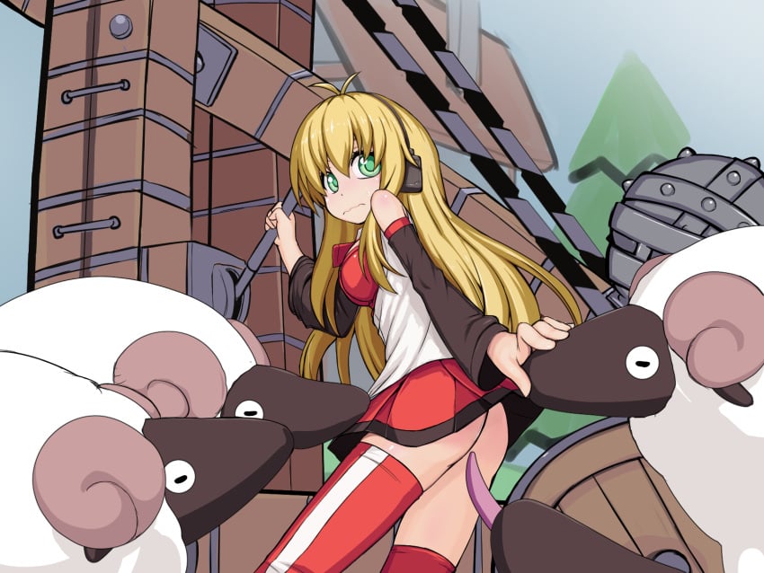 1girls 4:3_aspect_ratio animal besiege blonde_hair blue_eyes blush clothing dress female female_focus high_resolution highres legwear licking long_hair looking_at_viewer sheep solo surrounded takeda_yukimura thighhighs tongue tongue_out wavy_mouth