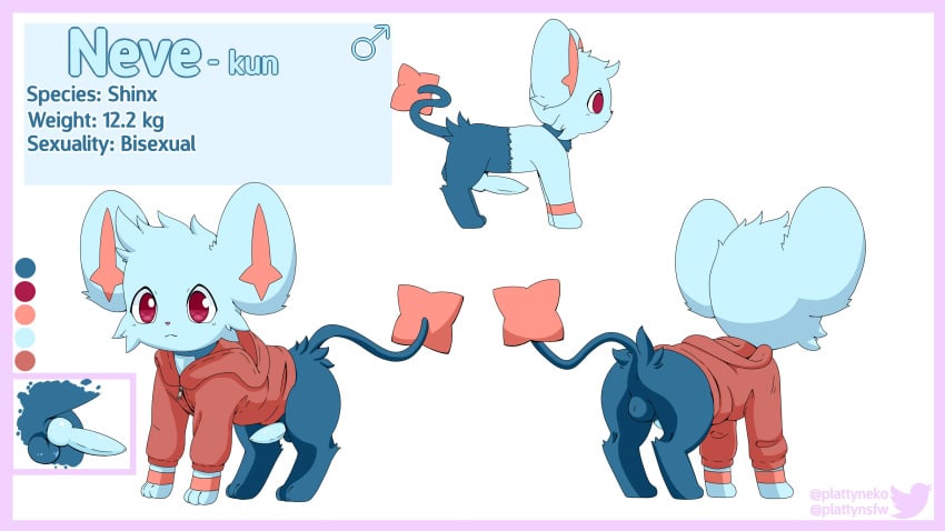 16:9 1boy 3_toes absurd_res all_fours alternate_color ass backsack big_ears blue_fur blue_penis bottomless close-up clothed clothed_feral clothing erection feet feline feral fur furry hi_res hoodie knot male male_only model_sheet multiple_poses nintendo nude original_character paws penis pink_border pink_nose plattyneko pokémon_(species) pokemon pokemon_dppt pose purple_eyes rear_view red_eyes red_fur sheath shinx solo tail testicles text toes video_games watermark white_background