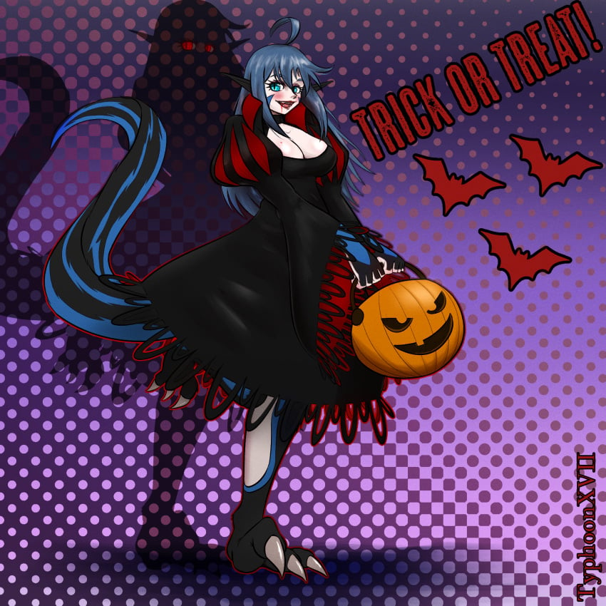 1girls ahoge big_breasts black_scales blood blood_in_mouth blue_eyes blue_hair blue_stripes breasts breasts_bigger_than_head candy_bucket clawed_toes cleavage clothed_female clothing color digital_media_(artwork) digitigrade dinosaur dinosaur_girl dinosaur_humanoid dinoterra dromaeosaurid evil_eyes eyelashes f-cup_breasts female halloween halloween_costume husa_(species) long_ears long_hair monster_girl oc original_character pale_skin pale_skinned_female pumpkin_basket raptor saphira saphira_ravennor sfw shadow shadow_creature sickle_claw skirt solo solo_female solo_focus stripes tagme tail trick_or_treat typhoon_(artist) vampire vampire_costume