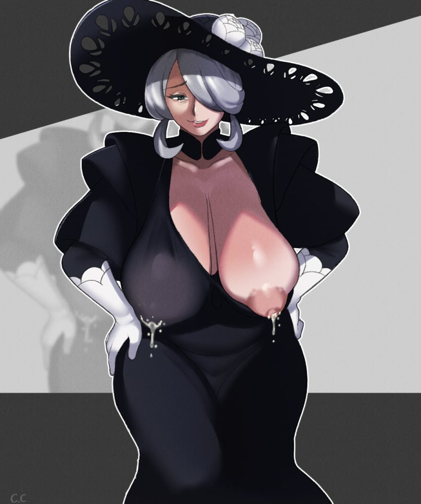 bags_under_eyes champchidi cogita_(pokemon) curvy curvy_figure dress gilf grey_hair hands_on_hips lactating lactating_nipples lactation lactation_through_clothes lactation_without_expressing milf nipples no_bra old older_female one_breast_out pokemon sagging_breasts saggy_breasts smirk sun_hat