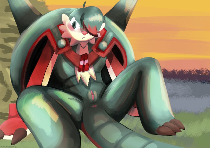 blush chesnaught digital_media_(artwork) digital_painting_(artwork) female generation_6_pokemon genitals nintendo pokemon pokemon_(species) presenting pussy screamoshaymin