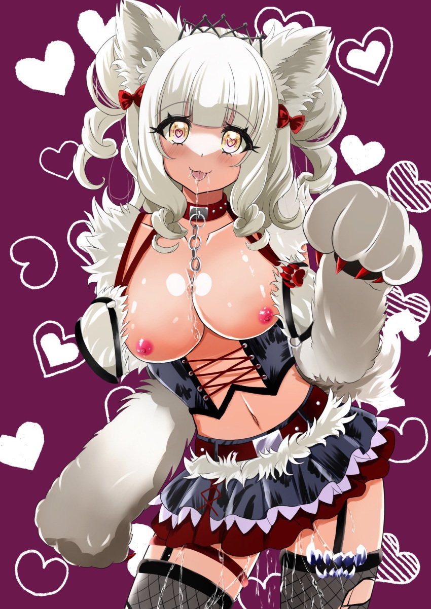 blush breasts clothed collar cumming d4dj elsie_(d4dj) exposed_breasts heart heart-shaped_pupils paws pussy_juice saliva wolf_ears wolf_girl yualo