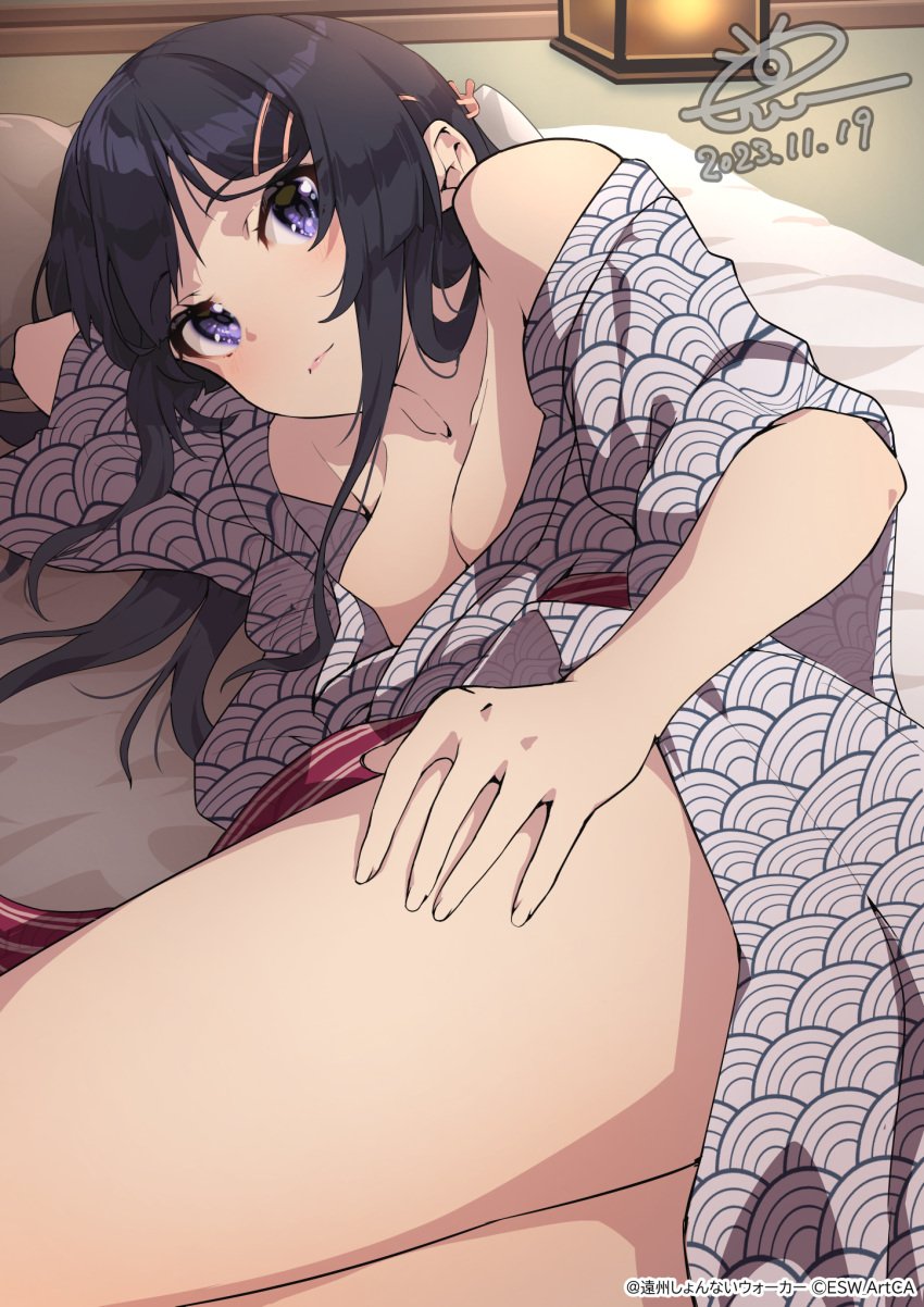 1girls arm_behind_head bare_chest bare_hands bare_legs bare_shoulders bare_skin bare_thighs bed bed_sheet black_hair black_hair_female blush blush_face blush_lines blushed_face blushing_at_viewer blushing_face blushing_female breasts busty busty_female busty_girl busty_teen cleavage collarbone dot_nose elbows exposed exposed_legs exposed_shoulders exposed_thighs fair_skin female female_focus female_only fingernails fingers hair_clip hair_clips hair_ornament hair_ornaments hairclip hairclips hand_behind_head hand_on_leg hand_on_own_leg hand_on_own_thigh hand_on_thigh high_resolution high_school_student highres indoor indoor_nudity indoors laying_down laying_on_bed laying_on_side lean_body lean_figure legs legs_together light-skined_female light-skinned light-skinned_female light_skin light_skin_female light_skinned light_skinned_female lips long_hair looking_at_viewer loose_clothes medium_breasts narrow_waist on_side pale pale-skinned_female pale_skin pale_skinned_female parted_bangs pillow purple_eyes purple_eyes_female raiz_art_works sakurajima_mai school_girl seishun_buta_yarou_wa_bunny_girl_senpai_no_yume_wo_minai shoulders slender_body slender_waist slim_girl slim_waist smooth_skin solo teen_girl teenage_girl teenager thick_thighs thighs thin_waist upper_body white_bed white_bed_sheet white_pillow yukata