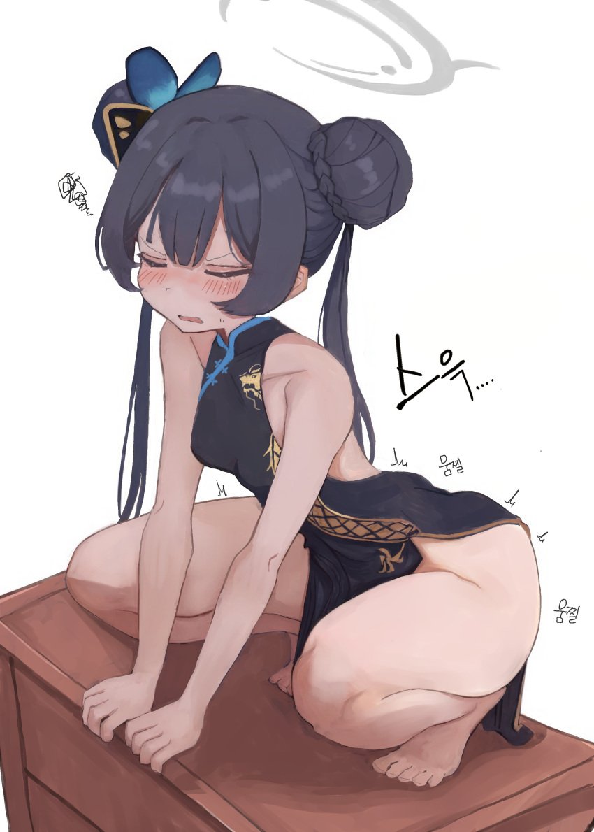 absurdres bare_arms barefoot black_dress black_hair blue_archive breasts china_dress chinese_clothes closed_eyes desk double_bun dragon_print dress feet female female_masturbation grey_halo hair_bun halo highres kim_somang kisaki_(blue_archive) long_hair masturbation on_desk open_mouth pelvic_curtain simple_background small_breasts solo squatting twintails white_background