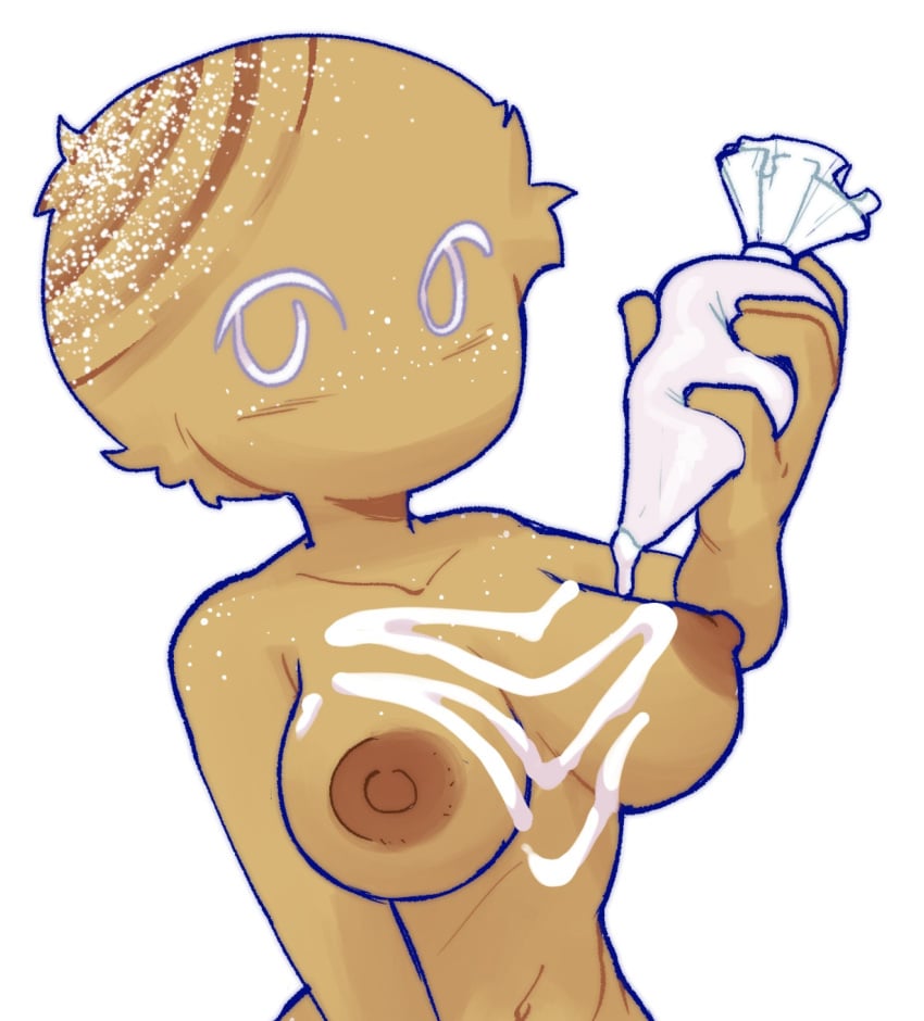 1girls breasts cookie cookie_humanoid female female_focus female_only frosting frosting_on_breasts hexanne icing looking_at_viewer nipples no_mouth normal_breasts oc pastries pastry powder_sugar solo solo_female solo_focus topless white_background