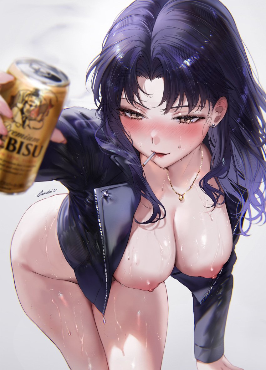 1girls beer_can blush bottomless breasts_out brown_eyes cheers female_focus grey_background highres katsuragi_misato large_breasts leaning_forward leather_jacket long_hair misato_katsuragi necklace neon_genesis_evangelion no_bra open_jacket purple_hair qiandaiyiyu simple_background sweatdrop wet