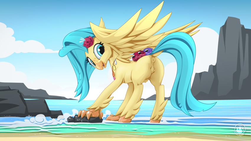 16:9 2019 anus avian beach beak blue_eyes blue_hair breasts crotchboobs feathered_wings feathers female female_focus female_only feral flower flower_in_hair friendship_is_magic hasbro hi_res hippogriff hippogryph landscape my_little_pony my_little_pony:_the_movie_(2017) mysticalpha outside plant presenting presenting_pussy princess_skystar_(mlp) pussy sea seaside sky smile solo spread_wings water wings