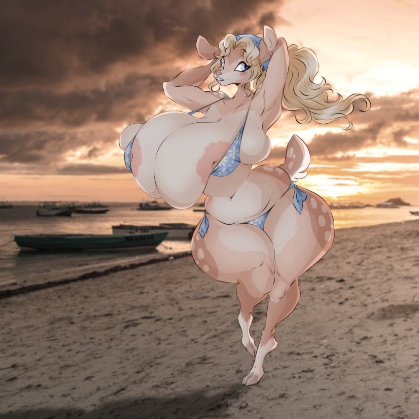 1:1 absurd_res accessory anthro areola barely_contained barely_contained_breasts beach big_areola big_breasts bikini blonde_hair blue_eyes boat breast_overflow breast_squish breasts butterscotch_(void_dew) clothing deer dullvivid female hair hands_behind_head headband hi_res huge_breasts hyper hyper_breasts ineffective_clothing leaning_hips mammal navel nipples sagging_breasts solo squish standing sunset swimwear tail thick_thighs two-piece_swimsuit vehicle watercraft