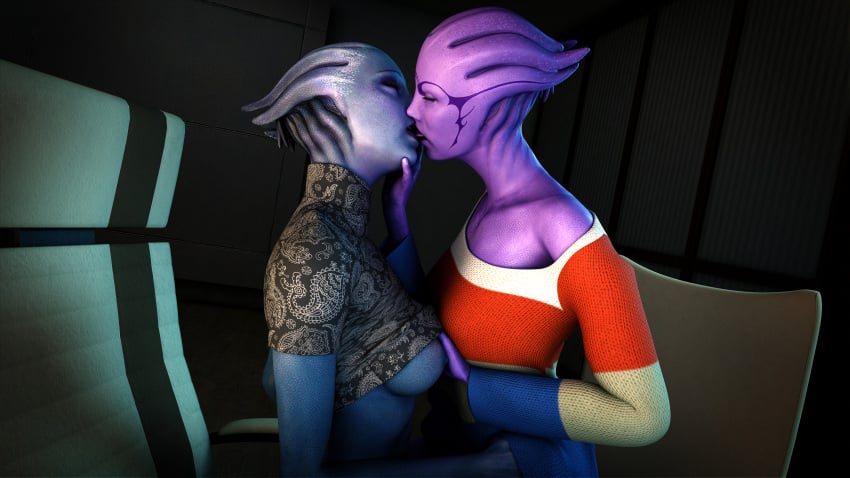 3d 3d_(artwork) absurd_res absurd_resolution absurdres alien alien_girl alien_humanoid alien_only aria_t'loak asari asarimaniac breast_grab high_resolution highres lesbian_kiss liara_t'soni mass_effect tongue_kiss yuri