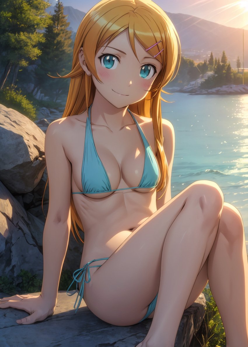 1girls 2d ai_generated aqua_eyes athletic athletic_female bare_shoulders belly big_ass bikini bikini_bottom bikini_top blonde_hair blue_eyes cameltoe chest curvy curvy_figure cute cute_face detailed eyelashes eyeshadow female female_only fit fit_female focus hair_ornament high_quality kirino_kosaka kousaka_kyousuke legs light-skinned_female light_skin lips lipstick long_hair looking_at_viewer makeup mascara mature medium_breasts midriff naked navel nero100 ore_no_imouto_ga_konna_ni_kawaii_wake_ga_nai pale-skinned_female pale_skin petite petite_body pointy_chin posing seductive seductive_look sling_bikini stable_diffusion tagme thighs young younger_female