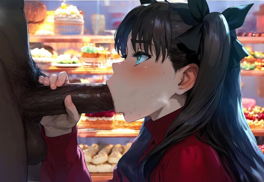 ai_generated black_hair blowjob blowjob_face censored dark-skinned_male fate/grand_order fate_(series) fellatio female interracial ishtar_(fate) long_hair male mirham mosaic_censoring straight sucking_penis tohsaka_rin twintails