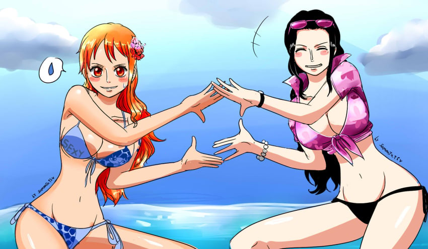 2girls big_breasts bikini clothing embarrassed eyewear_on_head female female_only flower huge_breasts long_hair nami nami_(one_piece) navel nico_robin one_piece orange_eyes orange_hair red_eyes samanta95 smile sunglasses swimsuit thighs