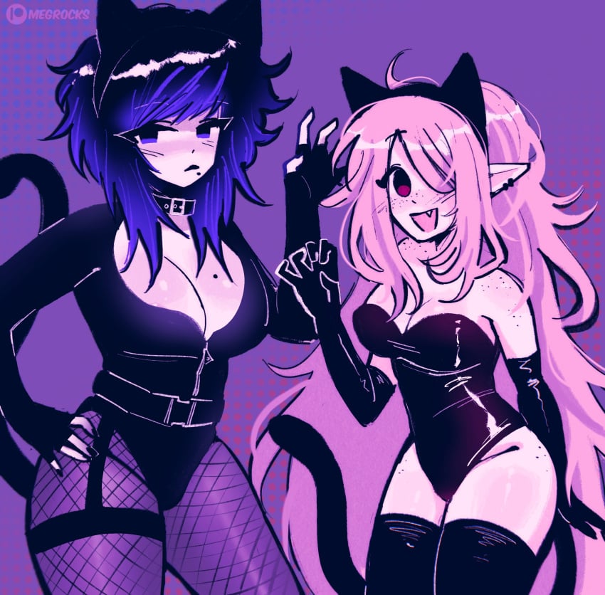 2girl 2girls black_nail_polish blue_hair blush blushing_female breasts cat_ears cat_tail catgirl catgirl_costume catgirls cleavage collar cute cute_face cute_fang elbow_gloves female fingerless_gloves fishnet_legwear fishnets freckles gloves gradient_hair hair_over_one_eye halloween halloween_costume halloween_theme leather leather_clothing leather_gloves leotard long_hair long_pink_hair looking_at_viewer looking_bored looking_unpleasured megrocks mole mole_on_breast nails nails_painted pantyhose pink_hair pointy_ears purple_background short_black_hair short_blue_hair short_hair smiling smiling_at_viewer thighhighs twitter twitter_link