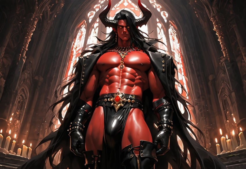 1boy 1dilf 1male 1man abs ai_generated black_hair coat daddy demon devilworship handsome harness horns male male_nipples male_only master nipples pecs pointy_ears red_body red_eyes red_skin solo solo_male trenchcoat