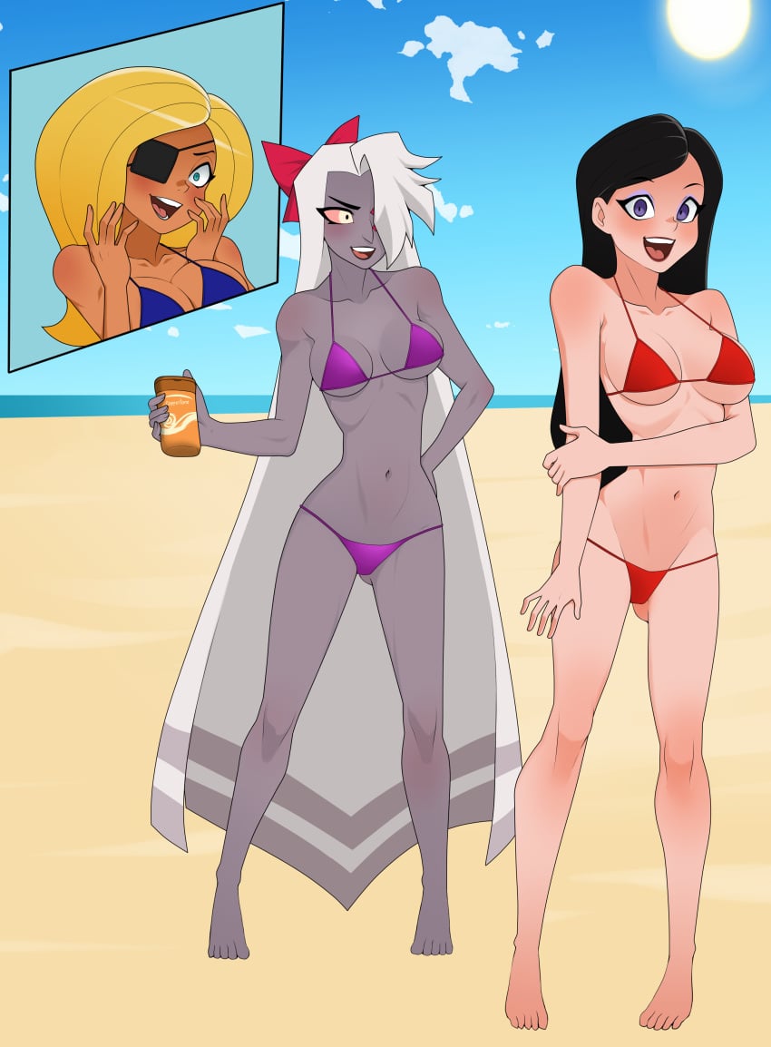 3girls anoneysnufftan beach bikini black_hair blonde_hair blue_eyes bottle coppertone crossover eyepatch female female_only grey_skin hair_over_one_eye hairbow hazbin_hotel imminent_death killer_lotion long_hair lotion lotion_bottle makeup peril sand sky summer sunscreen suzi-x swimsuit the_haunted_world_of_el_superbeasto vaggie_(hazbin_hotel) velvet_von_black very_long_hair white_hair