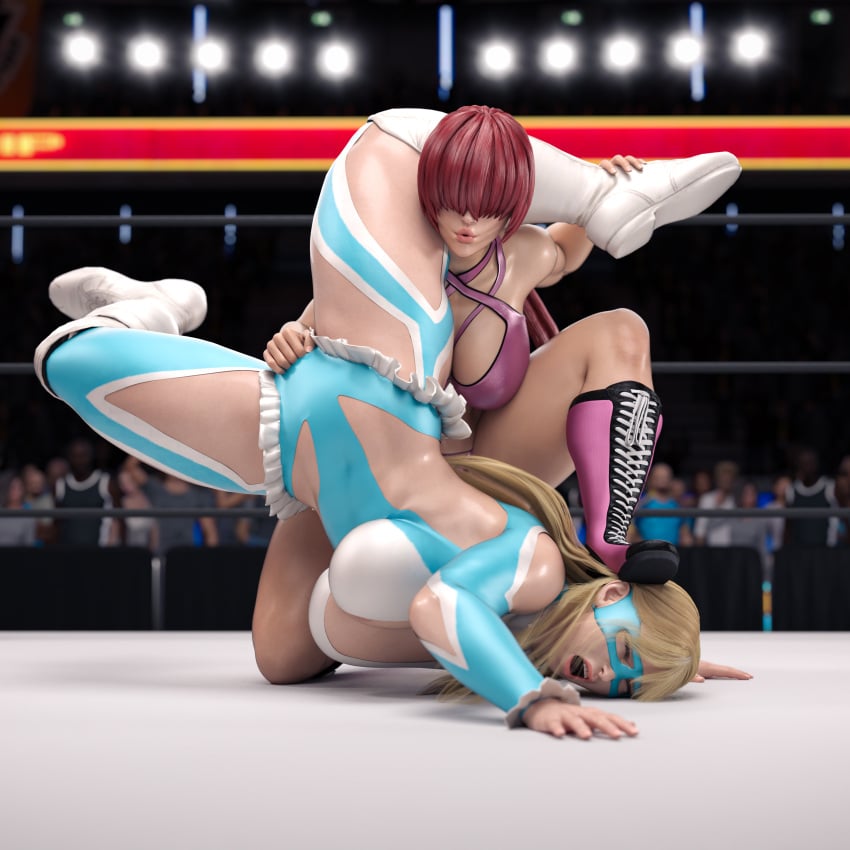 2girls 3d absurdres breasts covered_eyes crowd crowd_watching gcb hair_over_eyes highres joint_lock large_breasts long_hair open_mouth pink_footwear pursed_lips rainbow_mika ryona shermie_(kof) sitting sitting_on_head sitting_on_person street_fighter street_fighter_v submission_hold the_king_of_fighters the_king_of_fighters_xv white_footwear wrestling wrestling_mask wrestling_outfit wrestling_ring