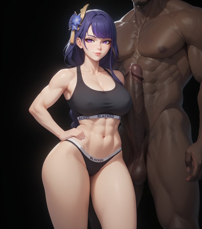 1boy 1girls ai_generated blacked blacked_clothing breasts dark-skinned_male dark_skin faceless_male female female genshin_impact hand_on_hip hoyoverse interracial large_penis light-skinned_female light_skin male midriff muscular_male narrow_waist purple_eyes purple_hair queensphynx raiden_shogun smile smiling_at_viewer smirk standing straight wide_hips