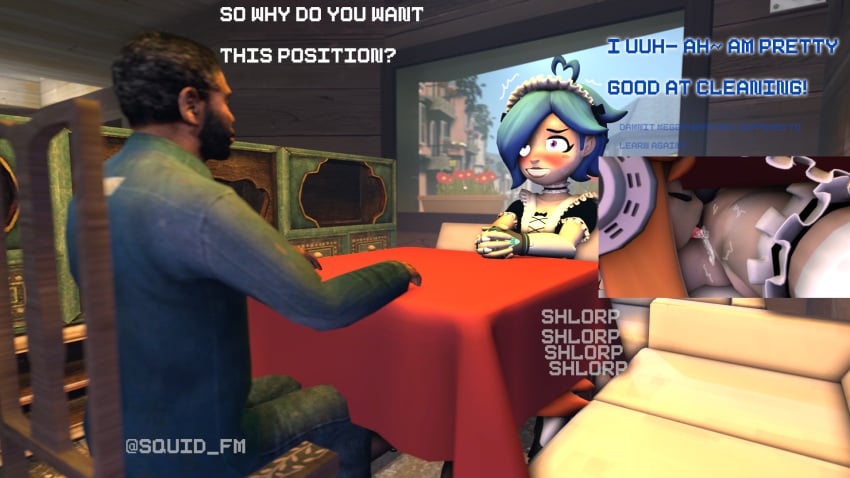 blue_hair blushing_profusely exhibitionism female_focus ginger ginger_hair hidden hidden_sex job_interview licking_pussy maid maid_outfit maid_uniform meggy_spletzer no_panties partner_out_of_shot pussy smg4 tari_(smg4) twitch_lines twitching under_the_table yuri