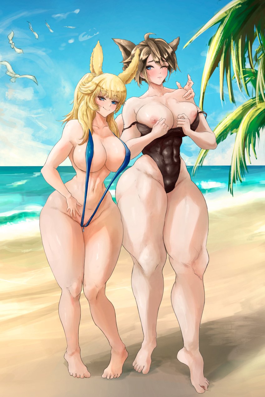 alternate_version beach big_breasts blonde_hair blonde_highlights blush breasts brown_hair brown_highlights bunny_ears bunny_girl close-up exposed_breasts exposed_pussy exposing_breasts feet female female_only femroe final_fantasy final_fantasy_xiv heterochromia lordmagnuss muscles muscular_female nipples oc ocean original_character raegan_reaves reagan_reaves roegadyn sand sea seagull seaside sisters sling_bikini slingshot_swimsuit smirk smirking swimsuit swimsuit_pull tall thick thick_thighs thin_waist tight_swimsuit tight_swimwear tree tropical vagina viera zipper zipper_down