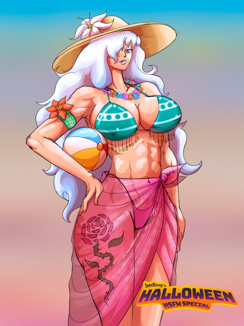 beach beachball bedbug_(artist) big_breasts bikini charlotte_smoothie flower giant_thighs giantess hat one_piece pool pool_party smoothie summer white_hair