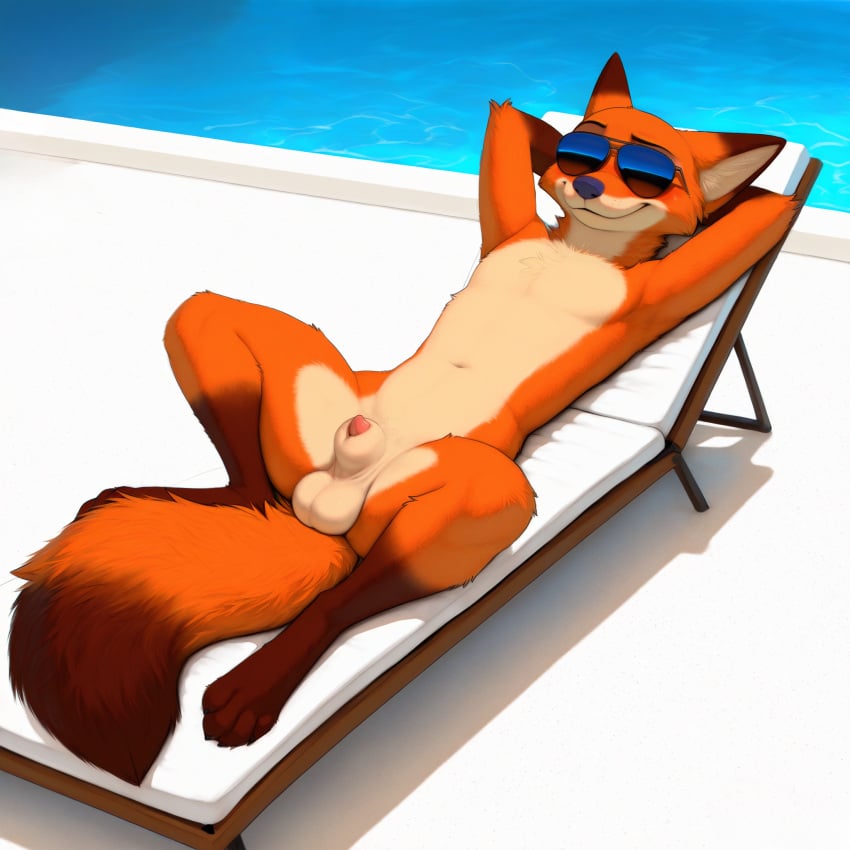 ai_generated animal_genitalia animal_penis anthro balls brown_body brown_fur canid canine canine_genitalia canine_penis casual_nudity chair claws confident countershading disney eyewear eyewear_only feet fluffy fox fur furniture genitals gloves_(marking) hands_behind_head hi_res leg_markings lounge_chair lying male male_focus mammal markings multicolored_body multicolored_fur navel nick_wilde nude on_back orange_body orange_fur outside penis penis_tip poolside presenting presenting_balls presenting_penis public public_nudity red_fox sheath smile smug socks_(marking) solo spread_legs spreading sunbathing sunglasses sunglasses_only swimming_pool sysns tail_markings tan_balls tan_body tan_fur toe_claws toes tuft water zootopia