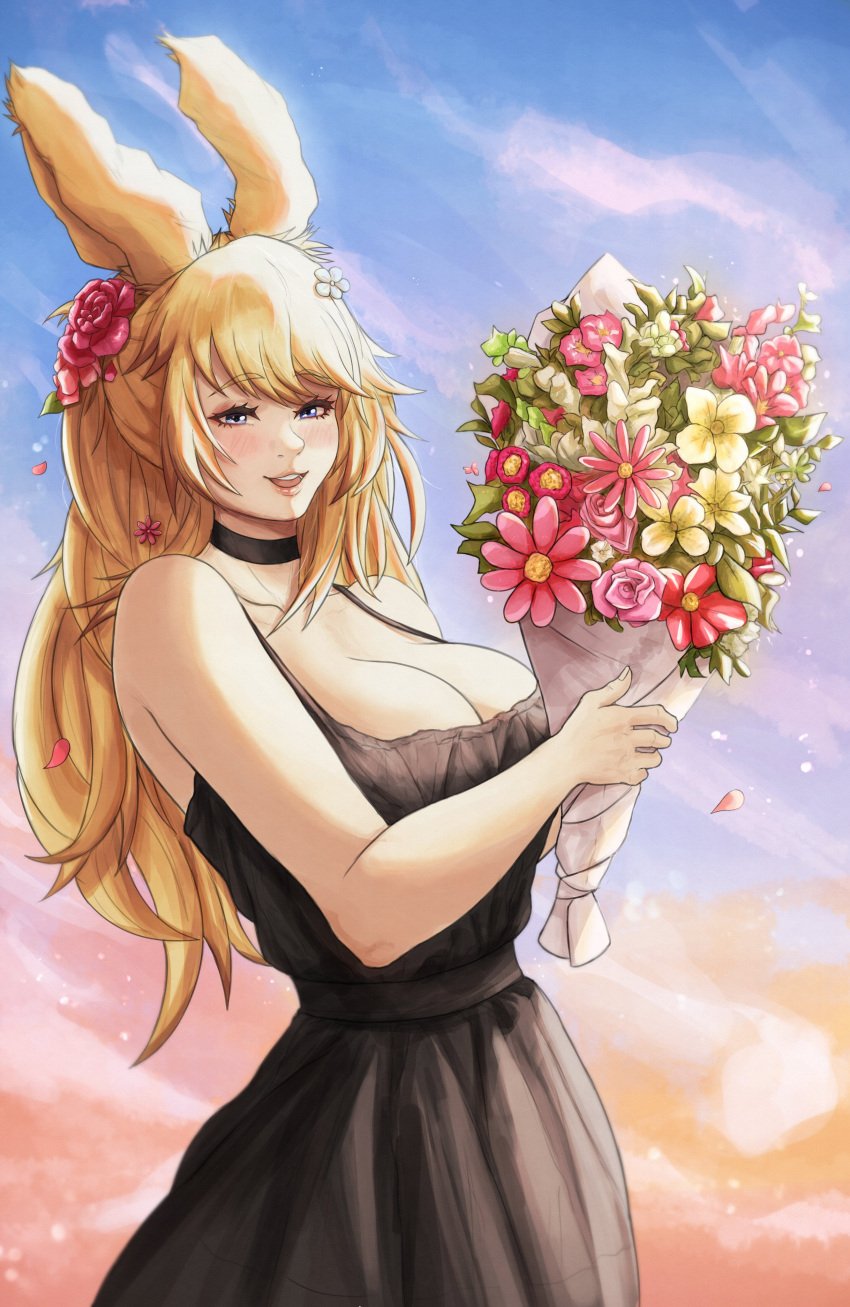 beautiful_background big_breasts birthday black_dress blonde_hair blush breasts brown_highlights bunny_ears bunny_girl choker female female_only final_fantasy final_fantasy_xiv flower flower_in_hair heterochromia holding_flower lordmagnuss oc original_character reagan_reaves viera