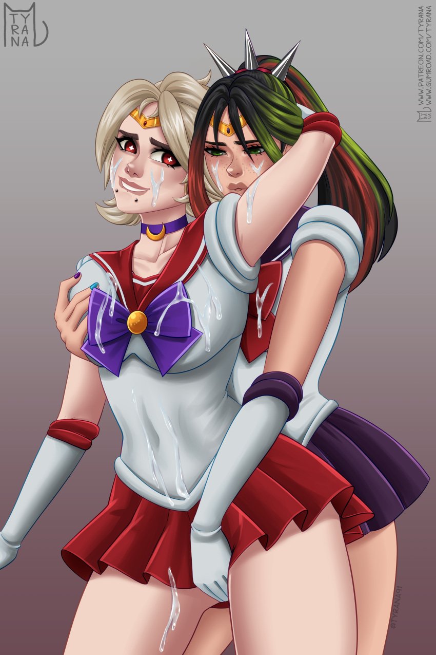 2girls cum_on_body cum_on_face face_piercings female/female female_only fingering fingering_partner fortnite helsie_(fortnite) joni_(fortnite) lesbian piercing sailor_uniform simple_background snakebite_piercing standing tagme tyrana yuri