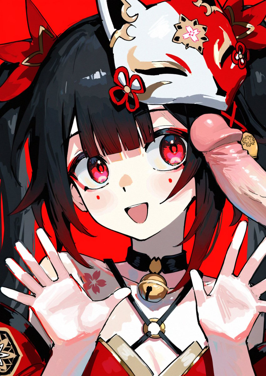 ai_generated black_hair choker_bell criss-cross_halter fire-inc fox_mask hands_up looking_to_the_side mask_on_head open_mouth penis red_eyes smile sparkle_(honkai:_star_rail) two_side_up